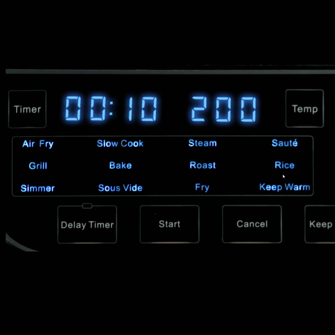 Digitales Display des PowerXL Multi Cooker mit 12 Kochfunktionen, Temperatur- und Zeitsteuerung.