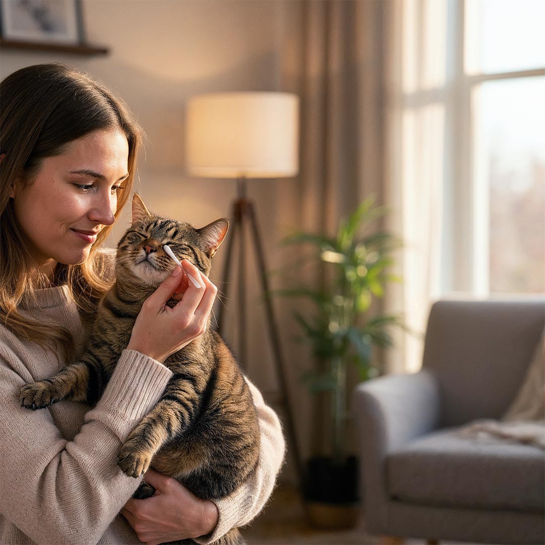 Frau reinigt sanft die Augen ihrer Katze mit einem ClicSwab Pflegestäbchen für Katzen und Hunde