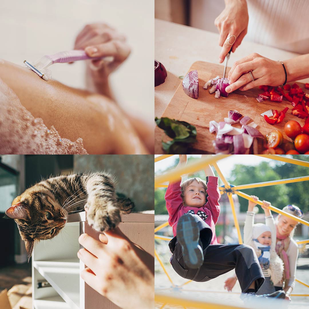 Collage mit Alltagssituationen wie Rasieren, Kochen, Spielen und Kratzen, bei denen der ClicSwab Blutstopper schnelle Hilfe bietet