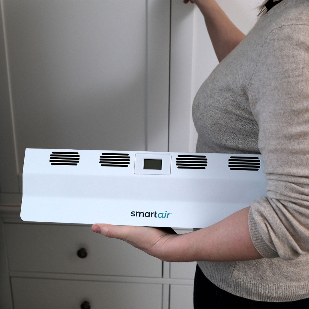 Eine Frau trägt den Livington SmartAir Heater kompakt in der Hand vor einem Schrank.