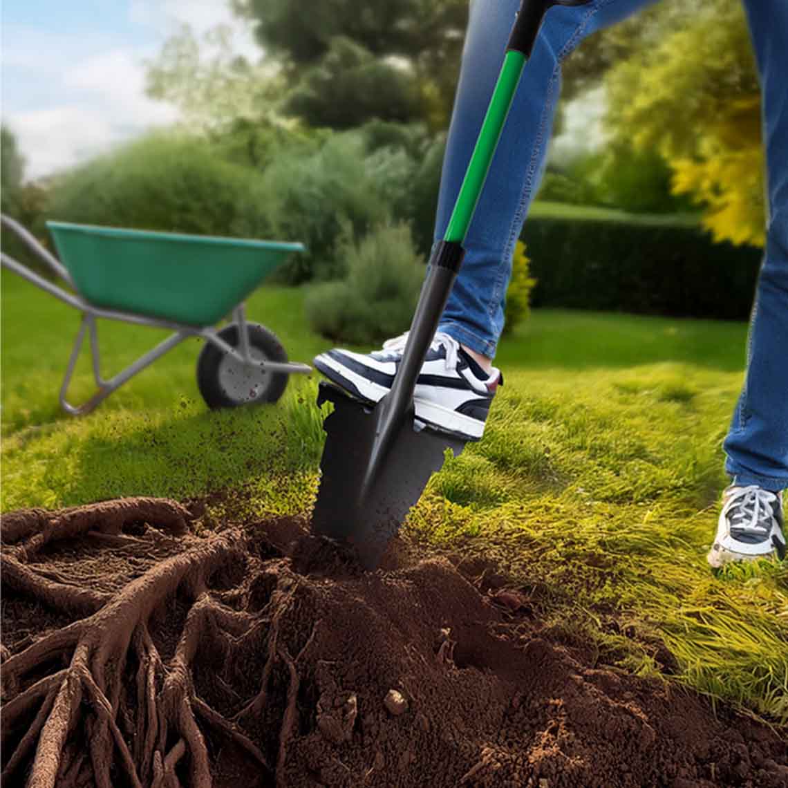 Person drückt die Hammersmith Rayzor Shovel kraftvoll in den durchwurzelten Boden eines Gartens.