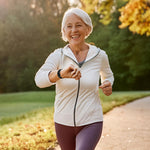 Ältere Frau joggt im Park und trägt den Kendox LifeTracker zur Aufzeichnung ihrer Aktivitäten am Handgelenk.