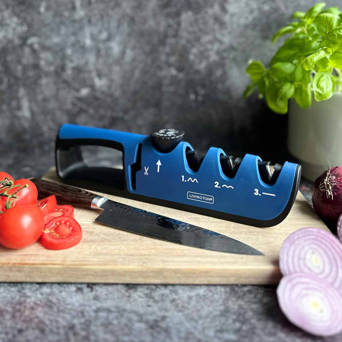 Livington BladeStar Messerschärfer mit 3 Stufen – ideal zum Schleifen, Schärfen und Polieren von Küchenmessern.