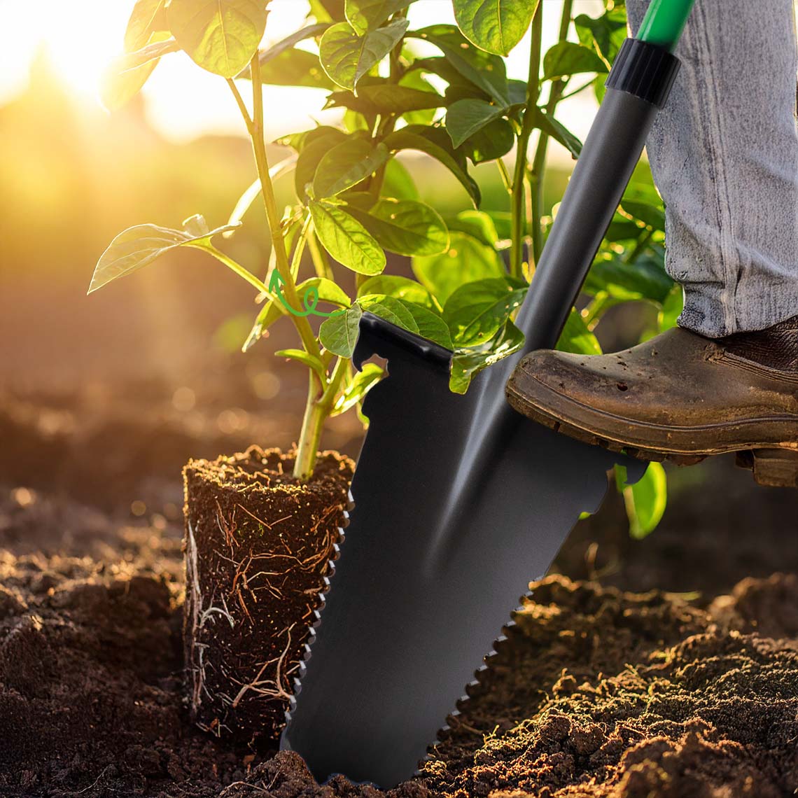 Hammersmith Rayzor Shovel wird beim Einpflanzen junger Pflanzen in die Erde gedrückt.