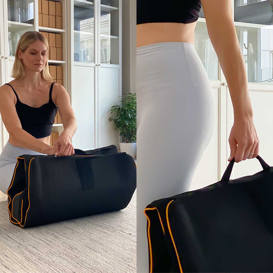 Die Belena AirStretch wird von einer Frau zusammengefaltet und bequem an einem Tragegriff transportiert.