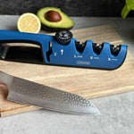 Livington BladeStar Messerschärfer mit Messer auf Schneidebrett, im Hintergrund Avocado und Zitrone.