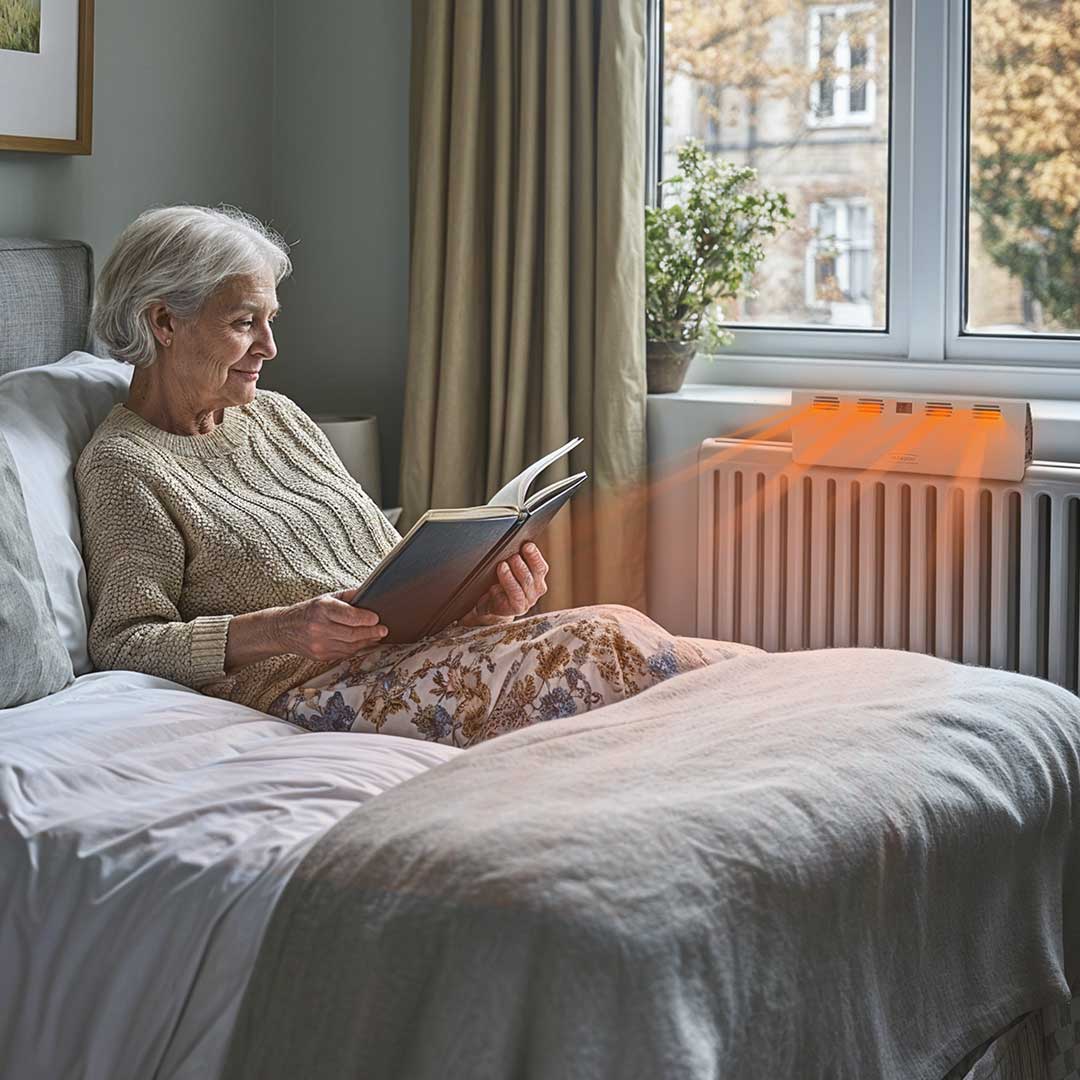 Eine Frau liest im Bett, während der Livington SmartAir Heater warme Luft vom Heizkörper in den Raum leitet.