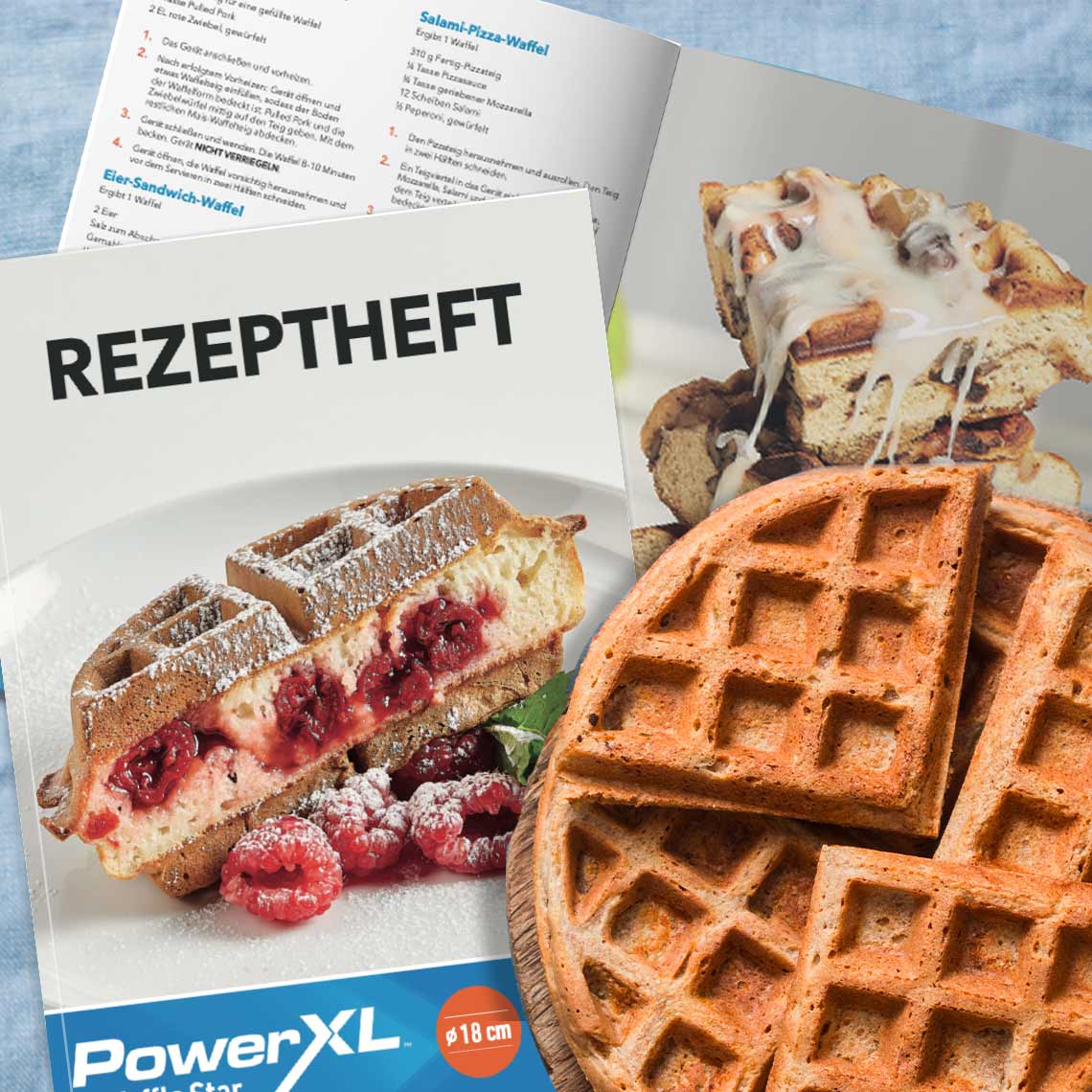 PowerXL Waffle Star mit Rezeptheft für süße und herzhafte Waffelideen.