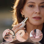 Frau verwendet Roxy Body&Face Damenrasierer zur Haarentfernung im Gesicht – kleine Detailbilder zeigen Anwendung an Augenbrauen, Achseln und Bikinizone