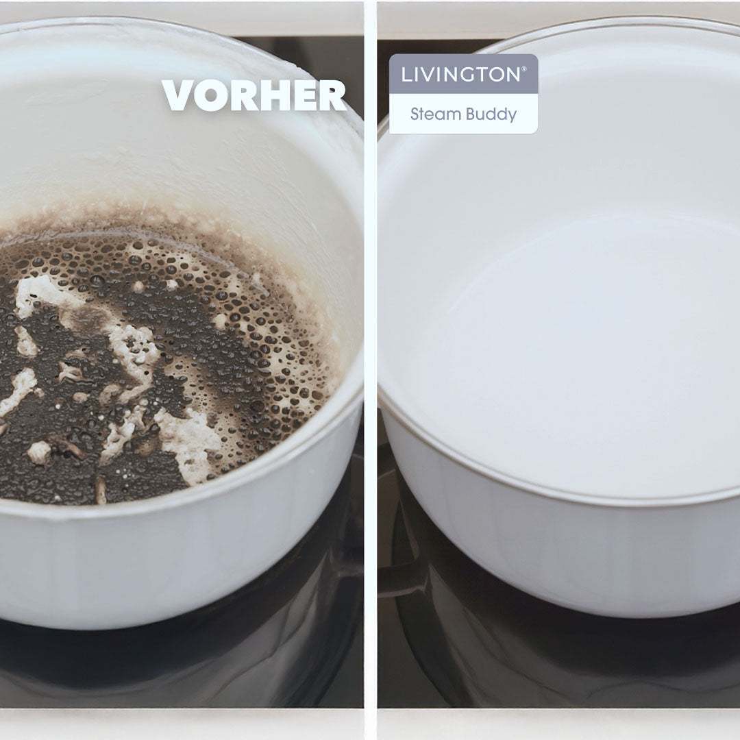 Vorher-Nachher-Vergleich eines Kochtopfs: links stark eingebrannt, rechts glänzend sauber nach der Reinigung mit dem Livington SteamBuddy