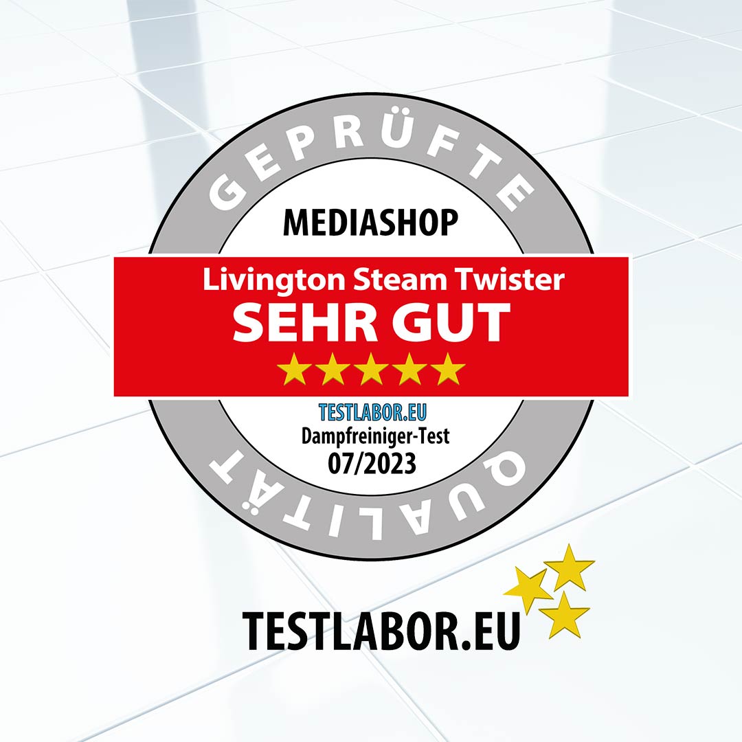 Livington Steam Twister erhält im Testlabor.eu Dampfreiniger-Test 07/2023 die Note „SEHR GUT“ – geprüfte Qualität.