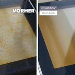 Vorher-Nachher-Vergleich einer Backofentür: links stark verschmutzt, rechts glänzend sauber nach der Reinigung mit dem Livington SteamBuddy