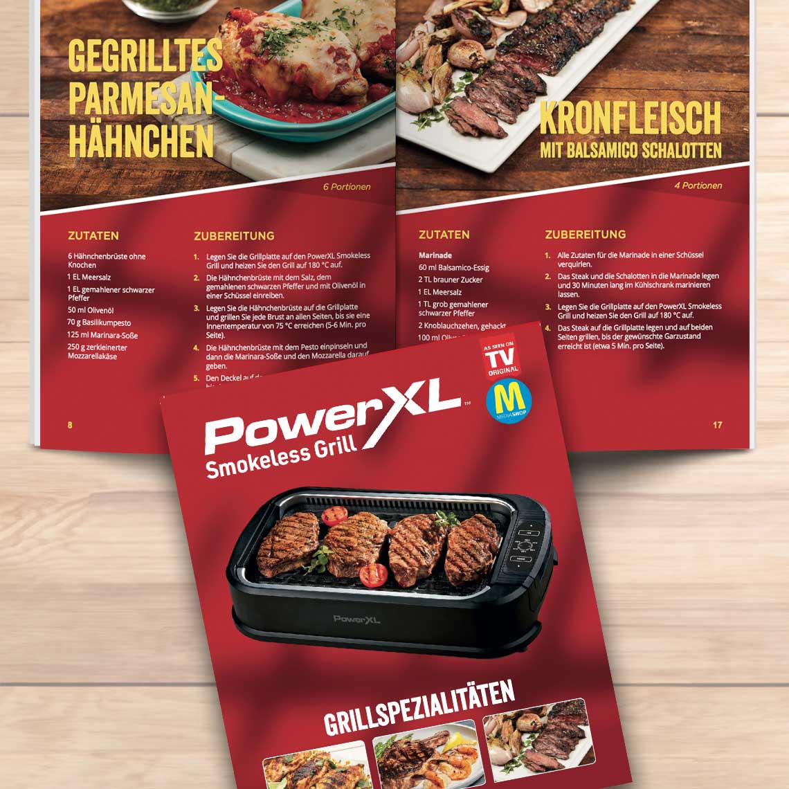 PowerXL Smokeless Grill – Rezeptheft mit Gerichten wie Parmesan-Hähnchen und Kronfleisch mit Balsamico.