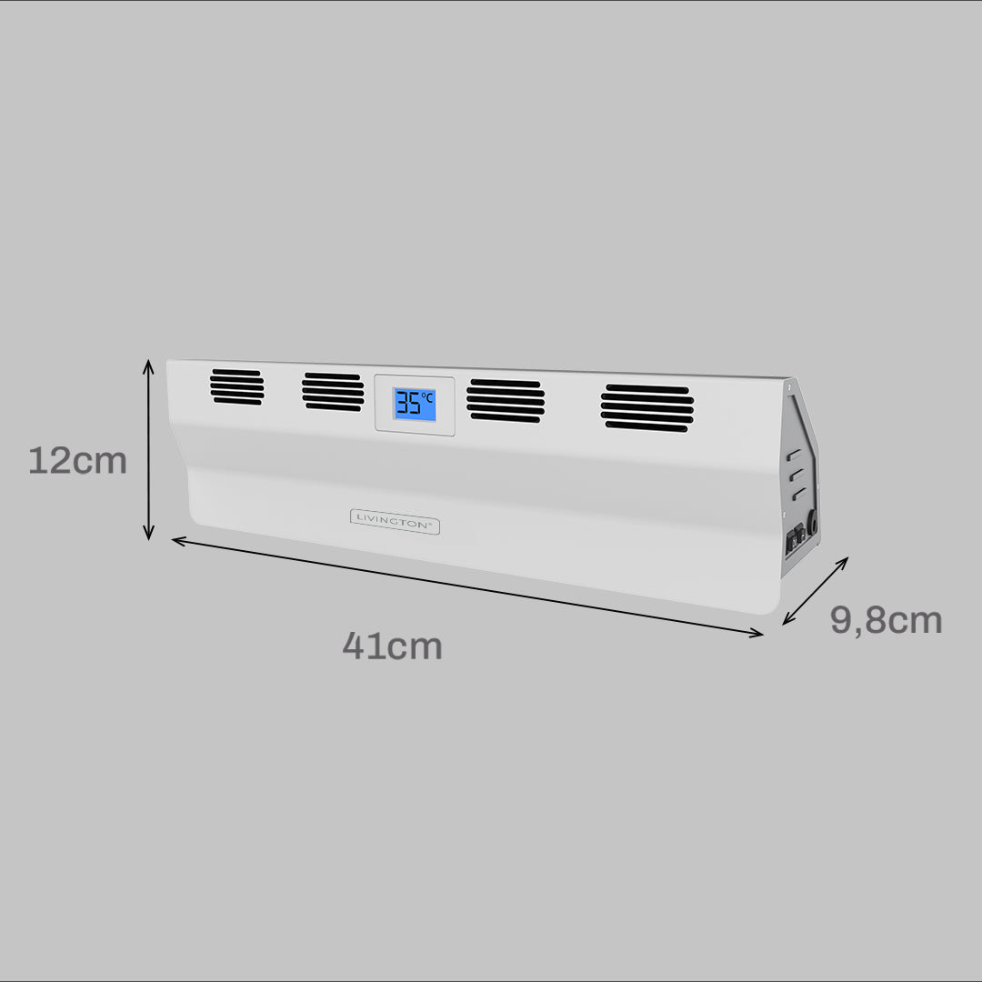 Livington SmartAir Heater mit Maßen: 41 cm breit, 12 cm hoch, 9,8 cm tief – mit Display und Lüftungsschlitzen.
