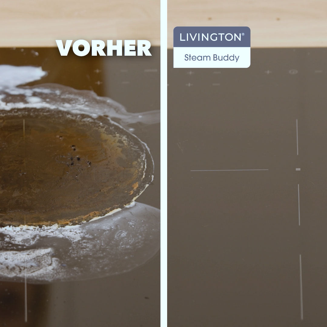 Vorher-Nachher-Bild einer Herdplatte: eingebrannte Verschmutzungen wurden mit dem Livington SteamBuddy mühelos entfernt
