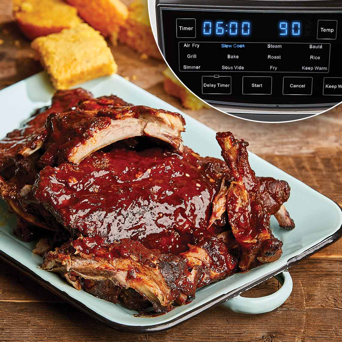 Zarte BBQ-Rippchen, im PowerXL Multi Cooker mit Slow-Cook-Funktion bei 90 °C für 6 Stunden gegart.