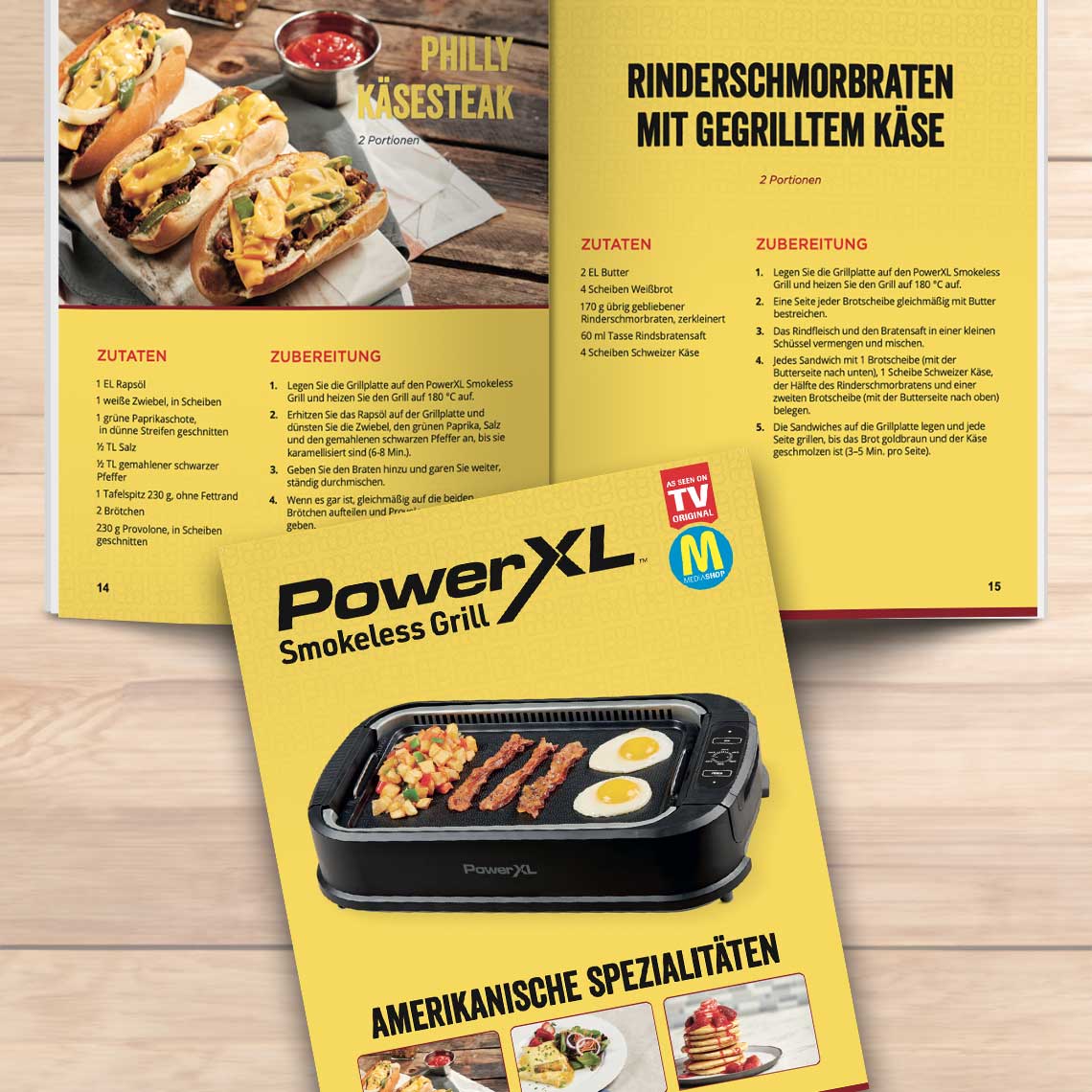 PowerXL Smokeless Grill – Rezeptheft mit Philly-Käse-Steak und Rinderschmorbraten mit gegrilltem Käse.
