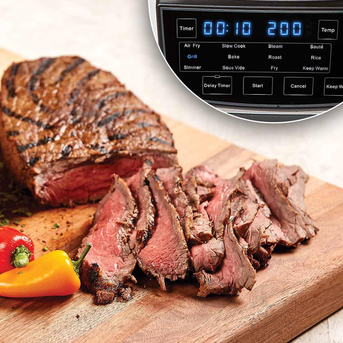 Perfekt gegrilltes Rindfleisch, zubereitet mit dem PowerXL Multi Cooker bei 200 °C und 10 Minuten Grillzeit.