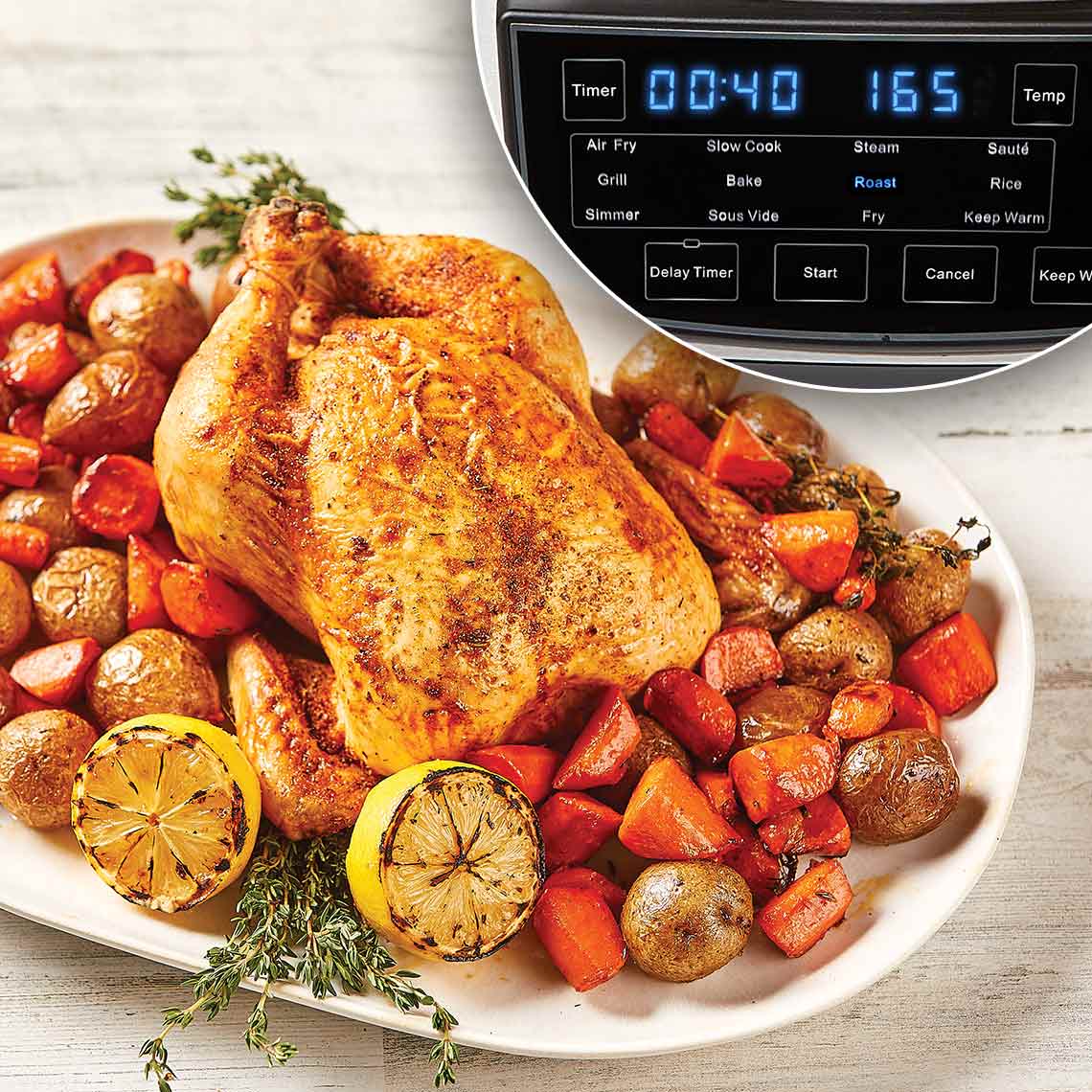Goldbraunes Brathähnchen mit Gemüse, im PowerXL Multi Cooker bei 165 °C für 40 Minuten im Roast-Programm gegart.