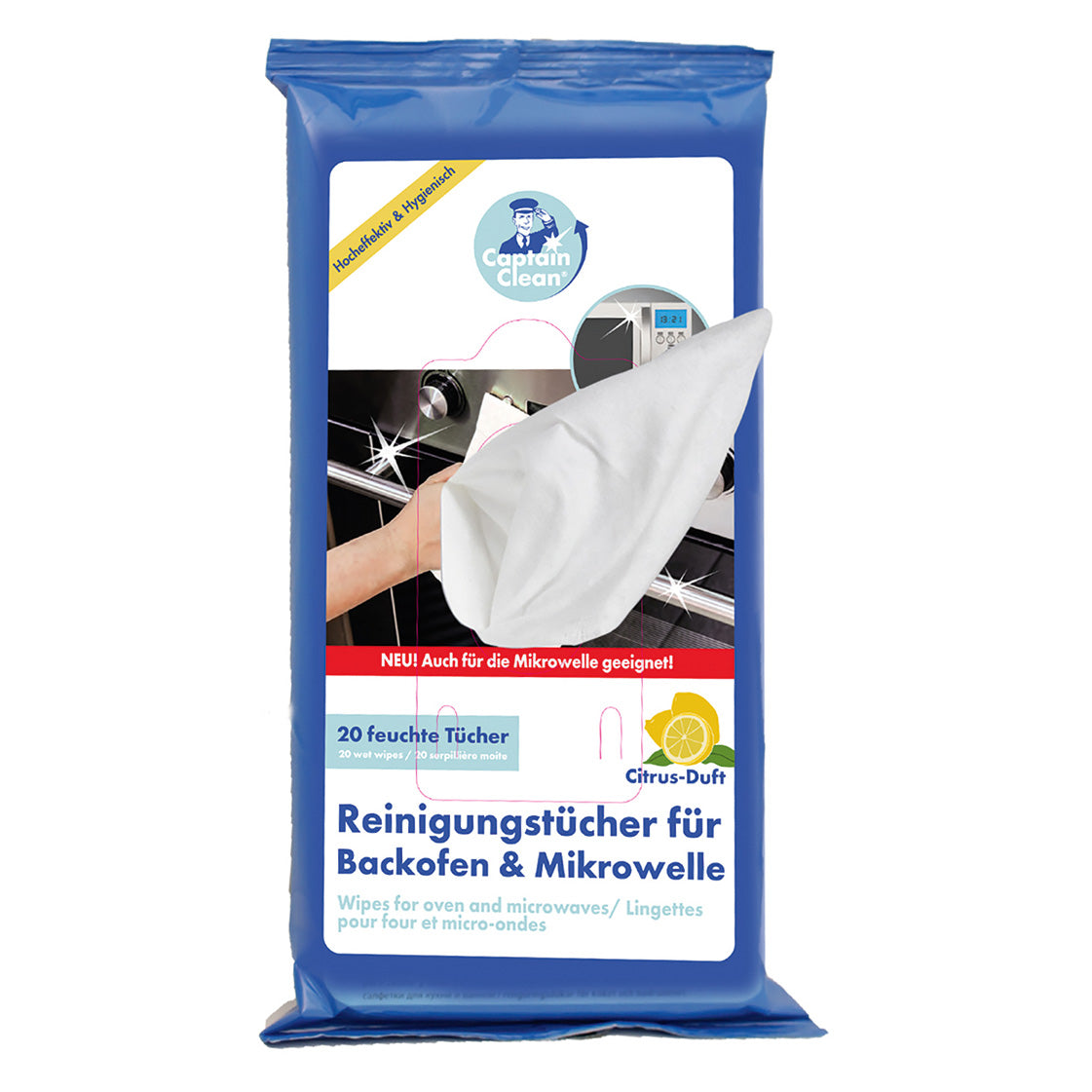 Reinigungstücher für Backofen und Mikrowelle mit Citrus-Duft, 20 Stück.