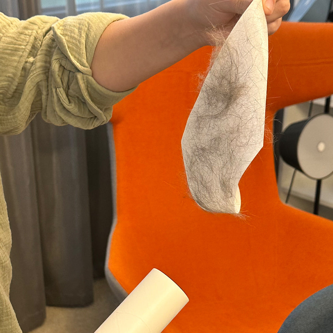 Benutzte Fusselrolle mit abgezogener Klebefolie voller Tierhaare