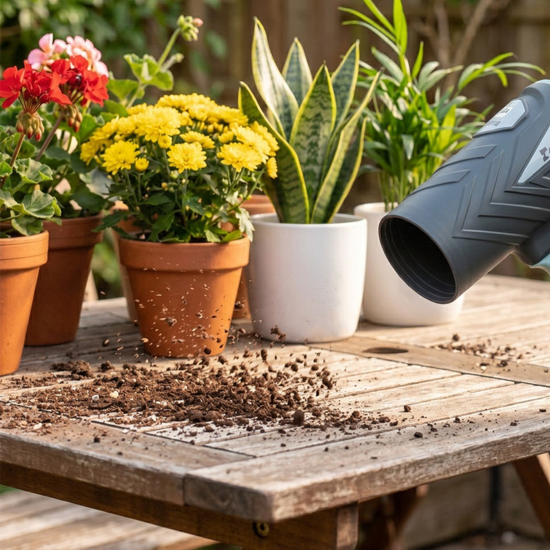 Mit einem gezielten Luftstrom bläst der AiroBlast verschüttete Blumenerde von einem Gartentisch neben  Topfpflanzen weg.