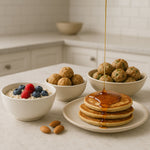 Frühstück mit Pancakes, Haferbällchen und Porridge mit Beeren, zubereitet mit dem Cuisinart NutSmart.