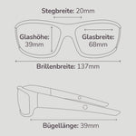 HD Polar View Brillenmaße: 68 mm Glasbreite, 39 mm Glashöhe, 20 mm Stegbreite, 137 mm Brillenbreite.