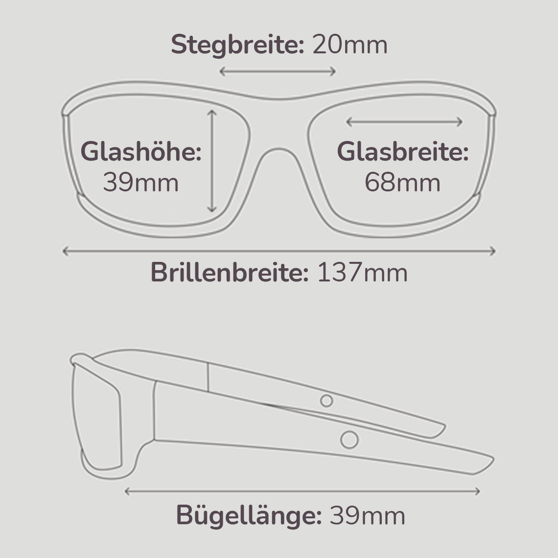 HD Polar View Brillenmaße: 68 mm Glasbreite, 39 mm Glashöhe, 20 mm Stegbreite, 137 mm Brillenbreite.