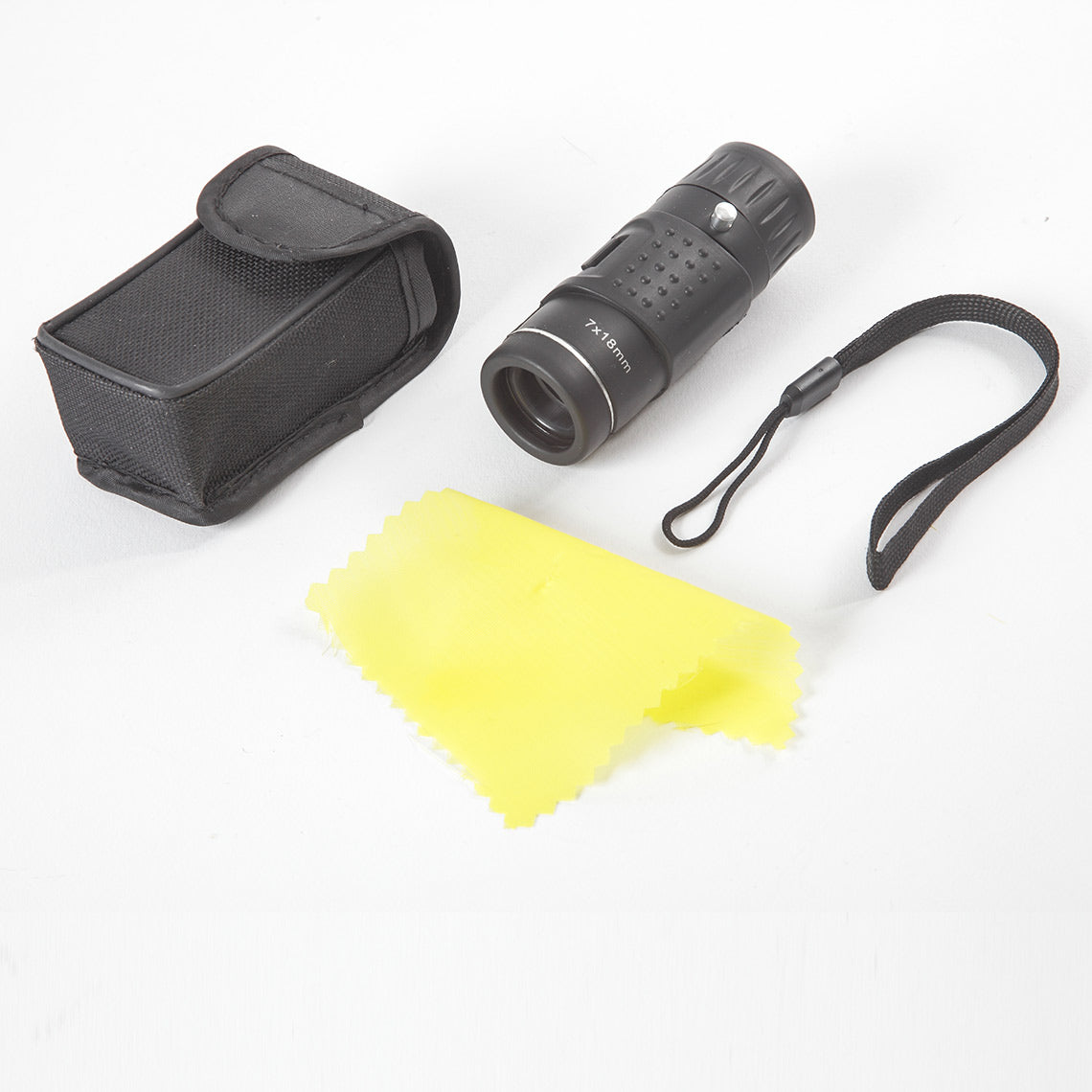 Kompaktes Monokular mit Tasche, Reinigungstuch und Handschlaufe.