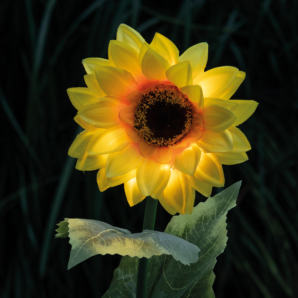 Eine beleuchtete künstliche Sonnenblume mit Solarbetrieb leuchtet in der Dunkelheit.