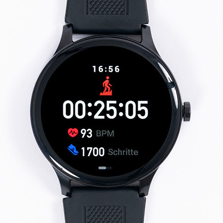 Smart Watch mit sichtbarer Uhrzeit, Timer (z.B. Dauer des Trainings/Laufs), Puls und Schrittzähler