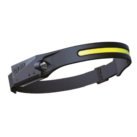 Sachaufnahme der Stirnlampe mit seitlichem Licht, An- und Aus-Schalter und Sensoren