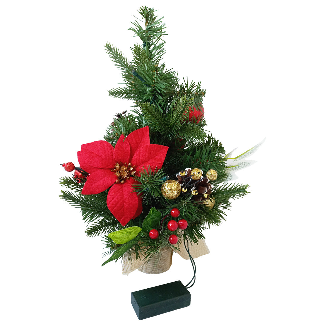Kleiner Weihnachtsbaum mit roten Blüten, Beeren und Dekoration, batteriebetrieben.