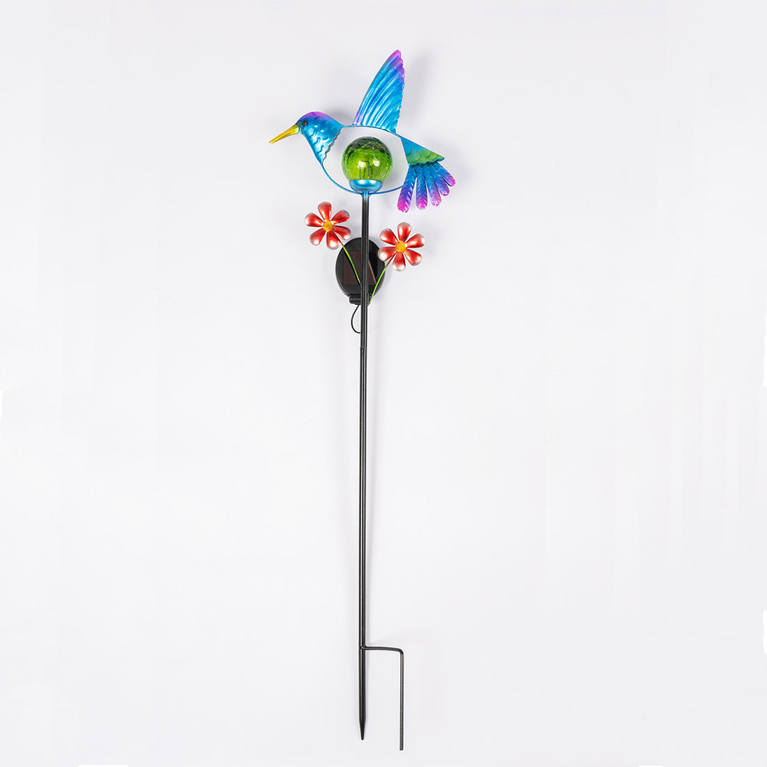 Solar-Kolibri mit Glaskugel und Blumenmotiv – dekorativer Gartenstecker mit LED-Licht.