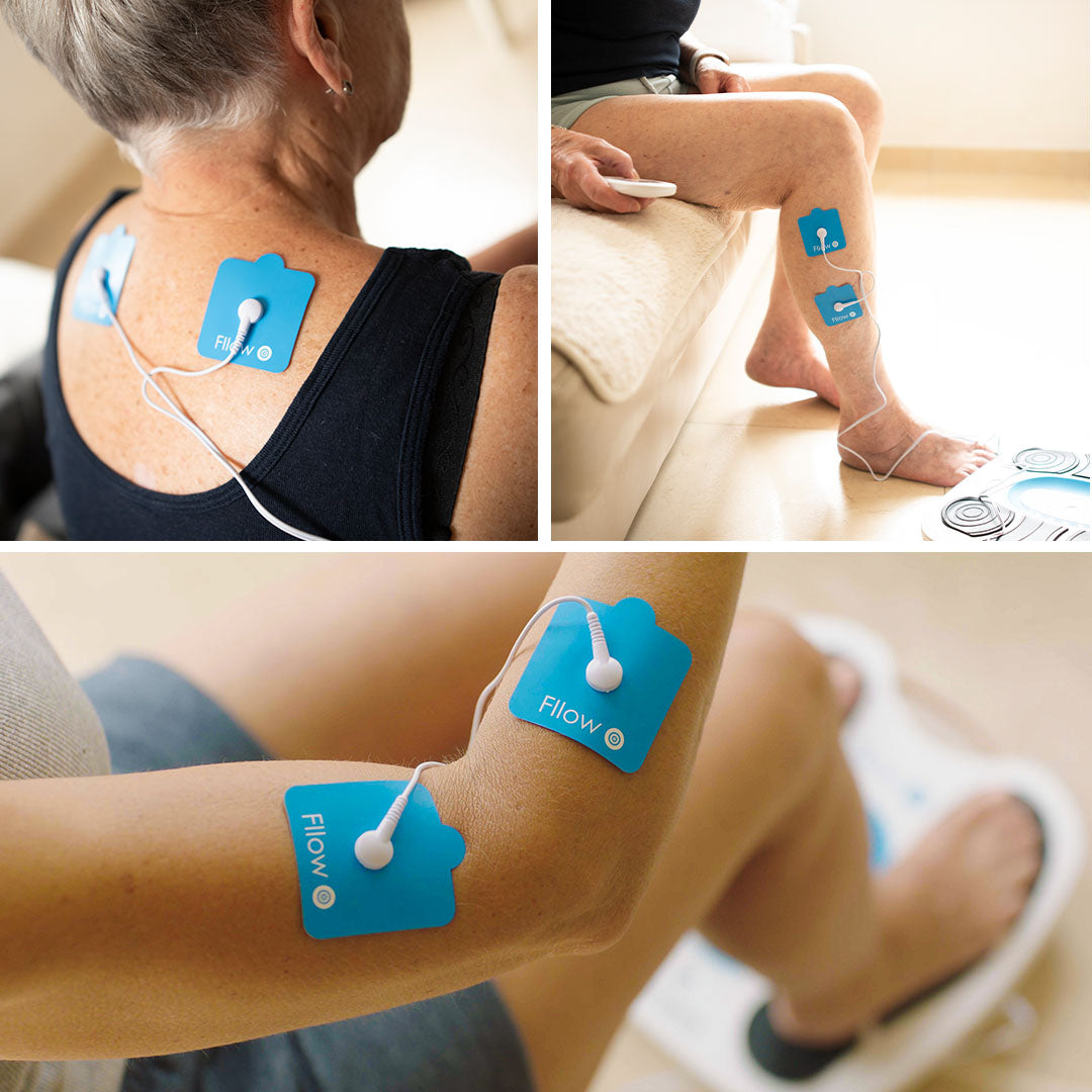 Anwendung des Fllow Massage- und Stimulationsgeräts mit Elektrodenpads – gezielte Muskelentspannung und Schmerzlinderung an Rücken, Beinen und Armen.