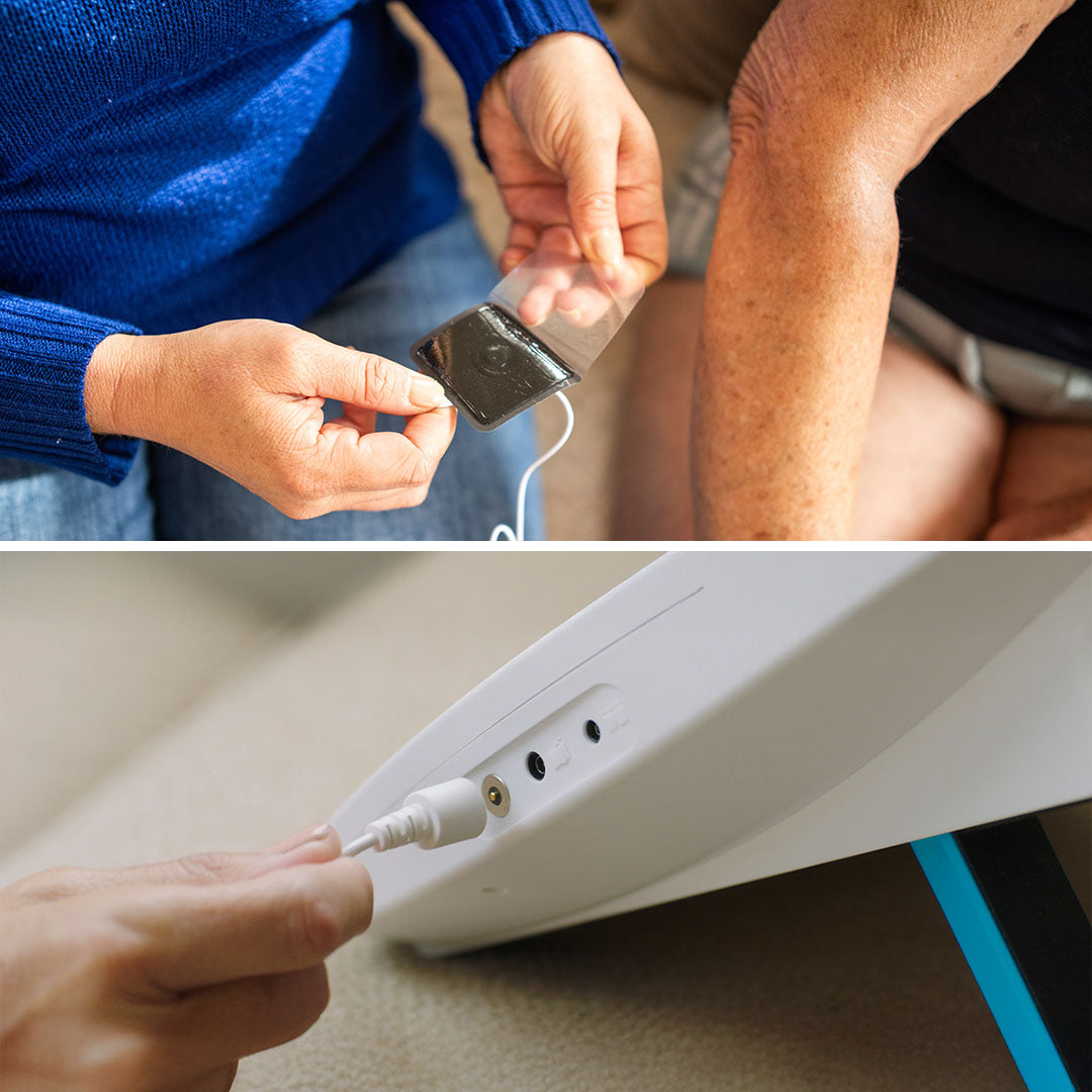 Person hält Elektrodenpad eines Massagegeräts in der Hand; im unteren Bild wird ein Kabel in das Gerät eingesteckt.
