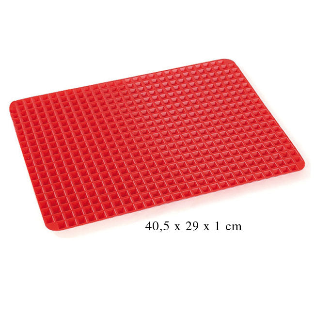 Rote Silikonmatte mit Noppenstruktur, rechteckig, Maße 40,5 × 29 × 1 cm.