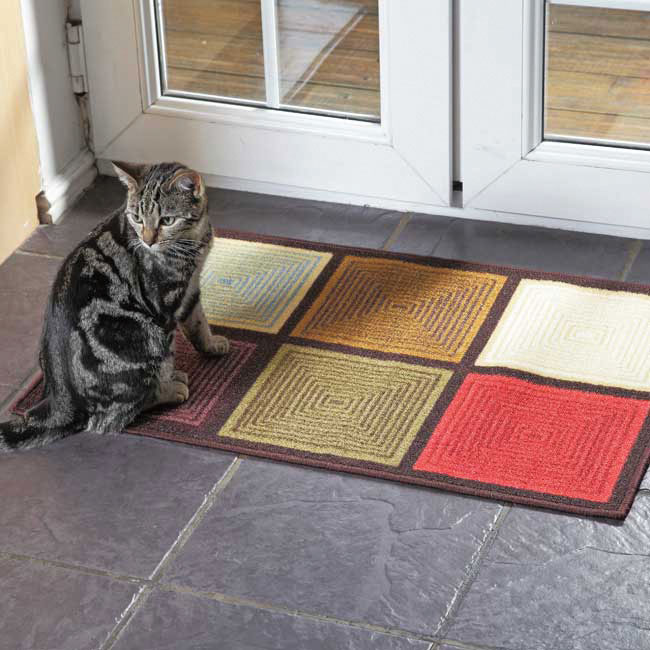 Katze sitzt auf einem bunten Patchwork-Teppich vor einer verglasten Terrassentür.