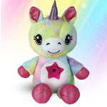 Ein kuscheliges Regenbogen-Einhorn Nachtlicht-Plüschtier mit pastellfarbenem Fell.