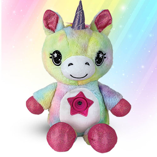 Ein kuscheliges Regenbogen-Einhorn Nachtlicht-Plüschtier mit pastellfarbenem Fell.