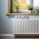 Livington SmartAir Heater auf Heizkörper montiert, Abstand zum Fensterbrett: 10 cm.